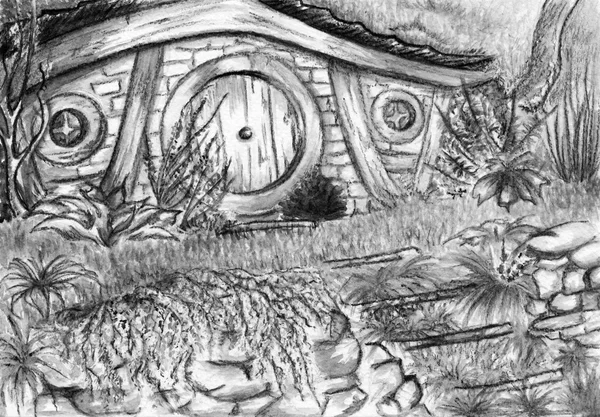 Watercolor monochrome black and white hobbit's home — Stock Photo, Image