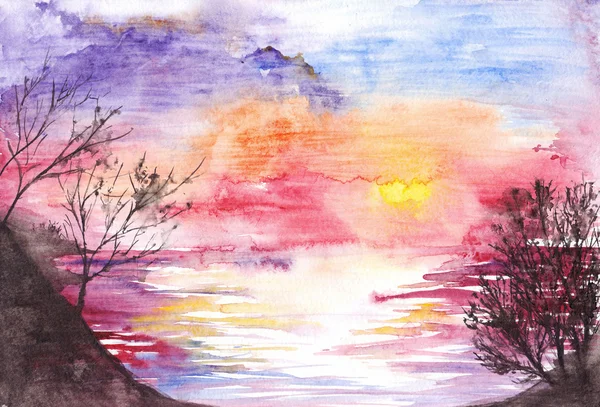 Акварель фиолетовый закат восход солнца река озера Seasunset — стоковое фото