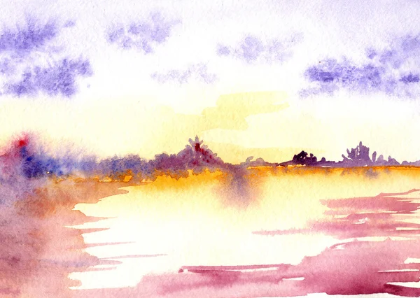 Акварель фиолетовый закат восход солнца пейзаж озера реки — стоковое фото