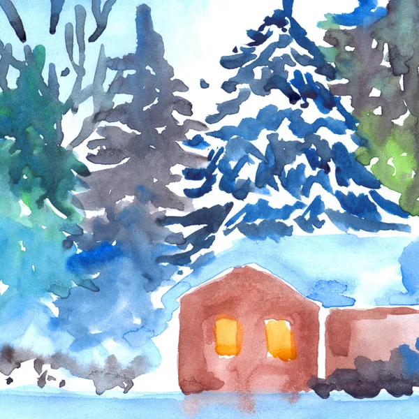 Χειμώνα χιονισμένο πεύκο ξύλο δάσος και σπίτι τοπίου — Φωτογραφία Αρχείου