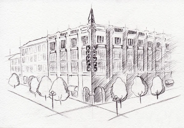 Monochrome scheme drawing building isolated ink sketch — Stock Photo, Image