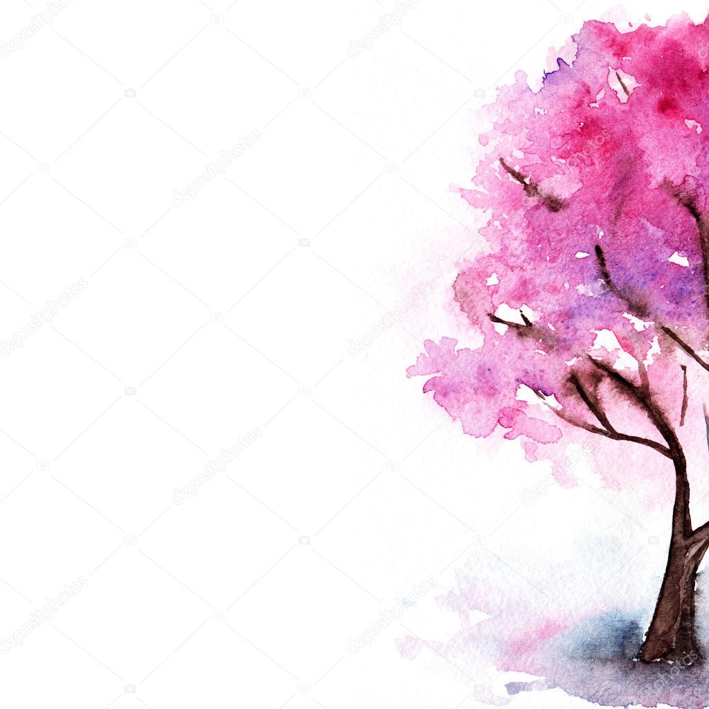 Watercolor single pink cherry sakura tree isolated