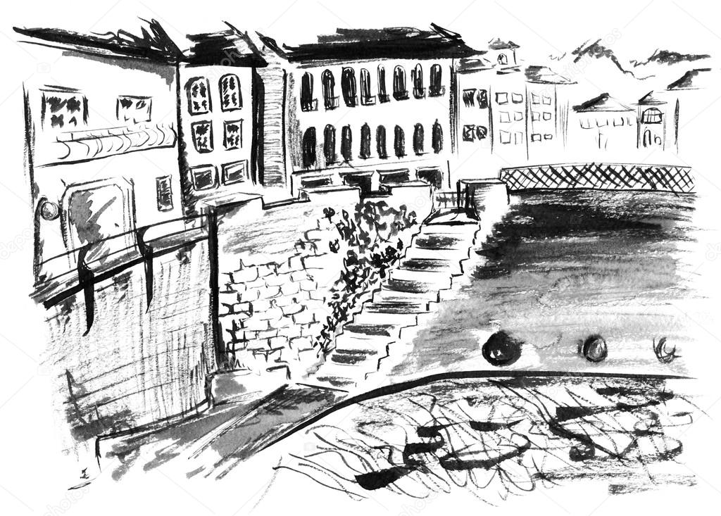 Monochrome black and white ink street canal landscape sketch