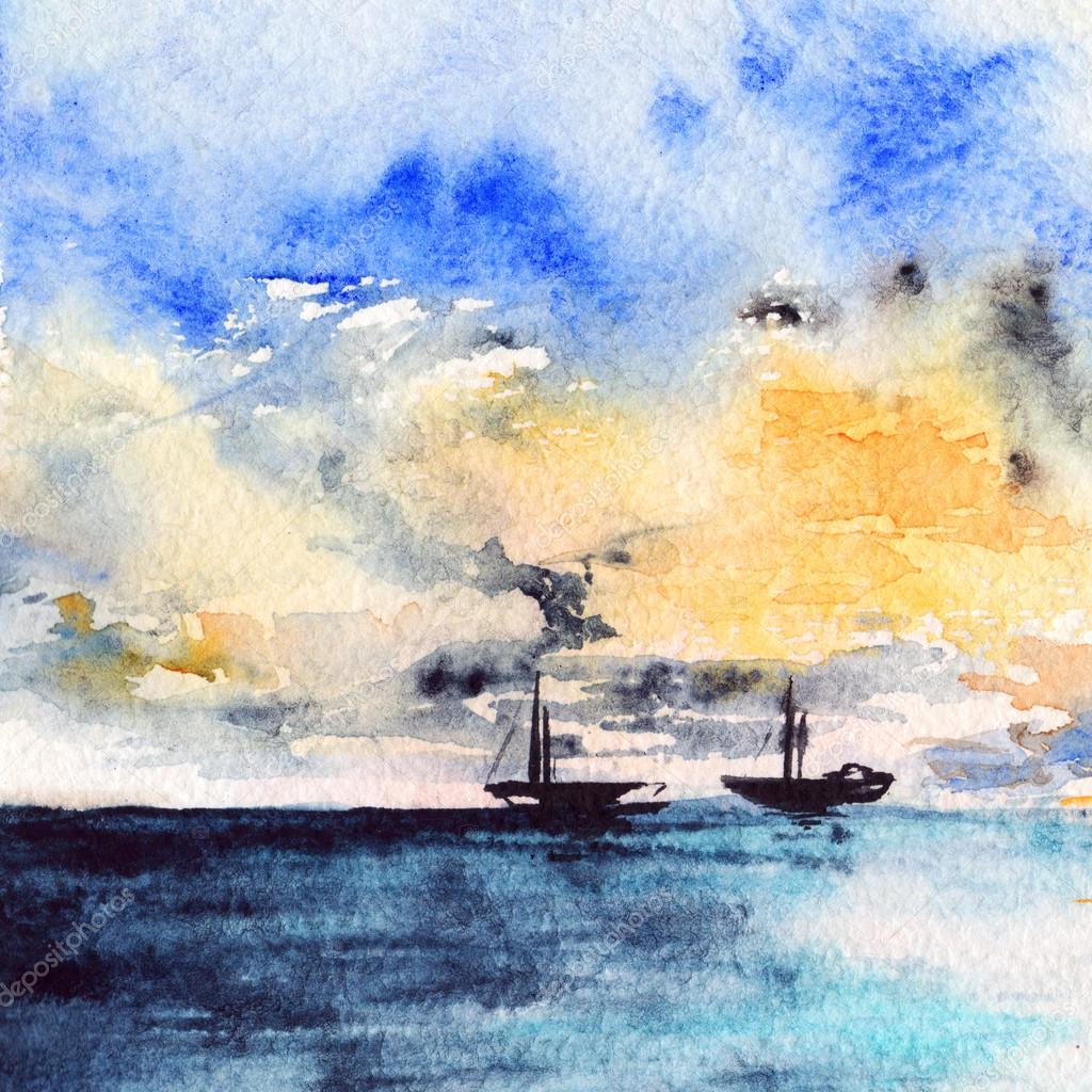 Aquarelle De Mer Océan Bateau Bateau Coucher De Soleil