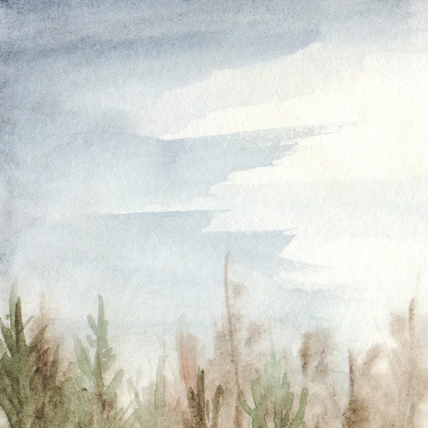 Akvarel mlha borovice lesní krajině pozadí — Stock fotografie