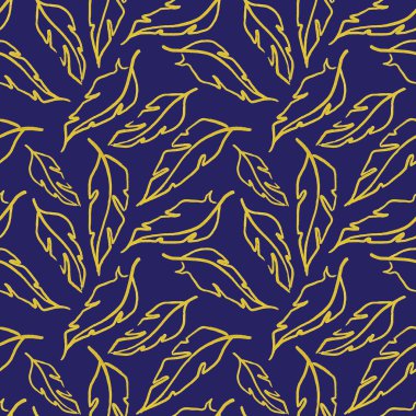 Golden yellow navy blue feather leaf symbol seamless pattern texture background