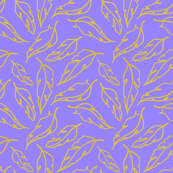 Ouro amarelo violeta pena folha símbolo sem costura padrão textura fundo — Fotografia de Stock