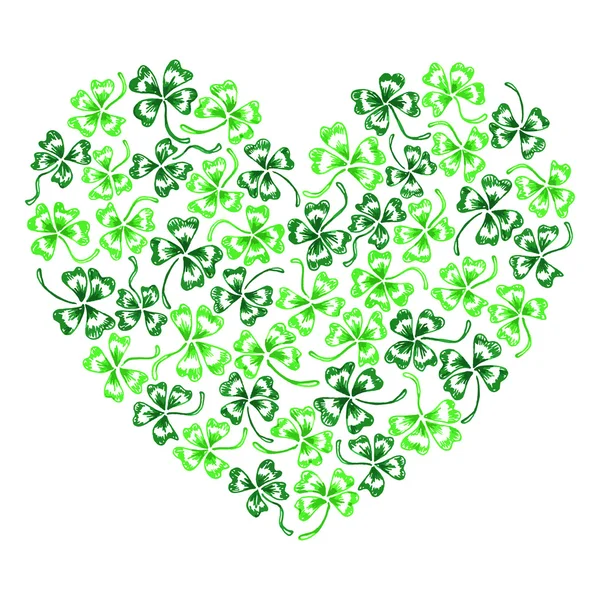 Doodle green clover shamrock heart vector line art isolated — Stock Vector