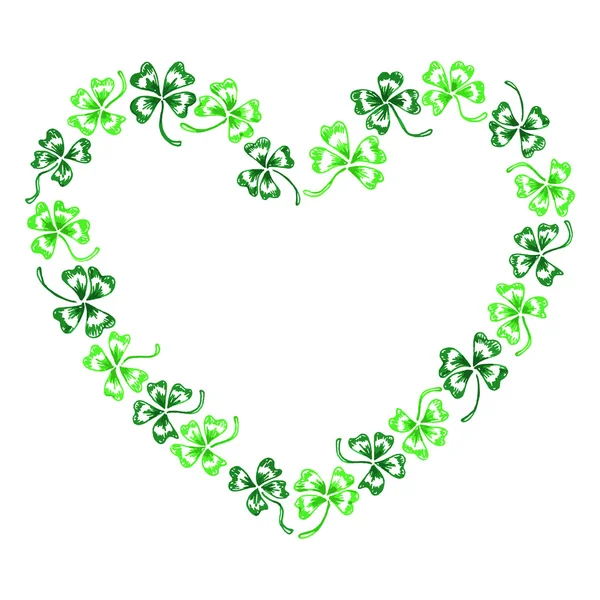 Doodle green clover shamrock heart vector line art isolated — Stock Vector