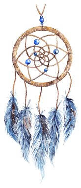 Watercolor ethnic tribal hand made feather dreamcatcher isolated clipart