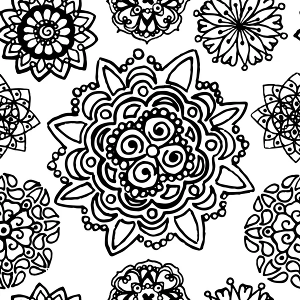 Schwarz weiß monochrom Kreis Mandala Doodle Vektor Muster Hintergrund Textur — Stockvektor