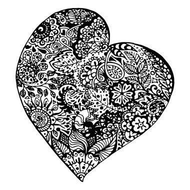 Zentangle doodle çizilmiş vektör izole siyah kalp mürekkep el