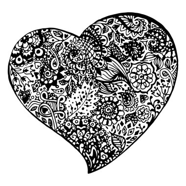 Zentangle doodle çizilmiş vektör izole siyah kalp mürekkep el