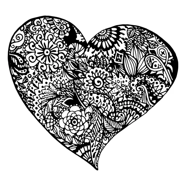 Zentangle doodle çizilmiş vektör izole siyah kalp mürekkep el