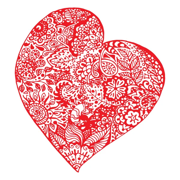 Zentangle garabato rojo corazón tinta mano dibujado vector aislado — Archivo Imágenes Vectoriales