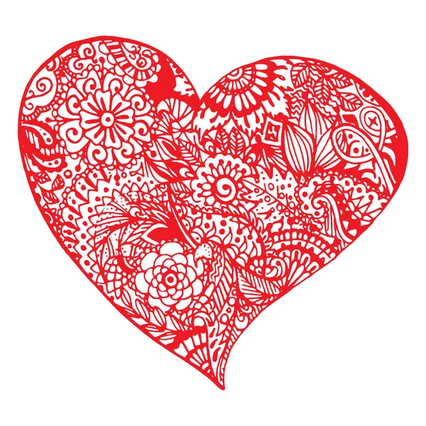 Zentangle garabato rojo corazón tinta mano dibujado vector aislado — Archivo Imágenes Vectoriales