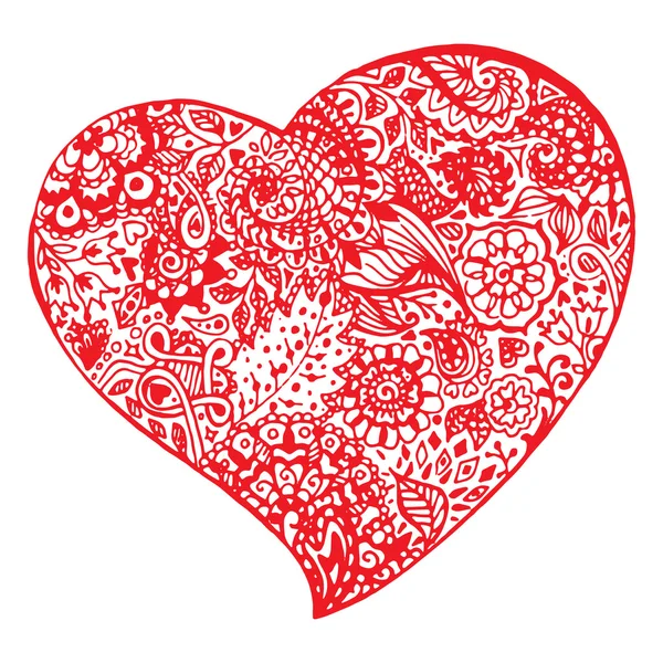 Zentangle doodle rood hart inkt hand getekende vector geïsoleerd — Stockvector