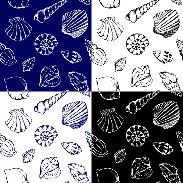 Conjunto de conchas marinas monocromáticas vector patrones sin costura — Archivo Imágenes Vectoriales