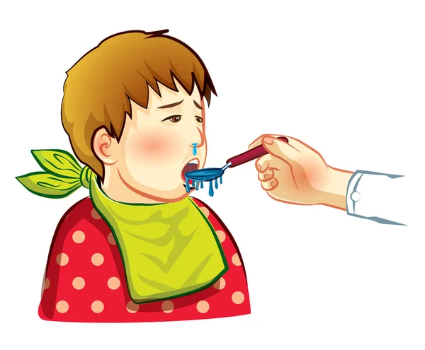 生病的孩子吃药 — 图库矢量图片