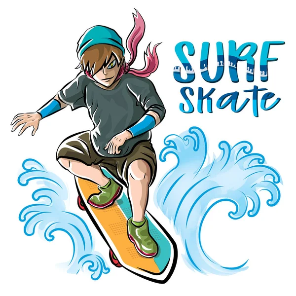 Boy Play Surf Sketch Character Design Logo Colorful Cartoon Vector — Stock Vector