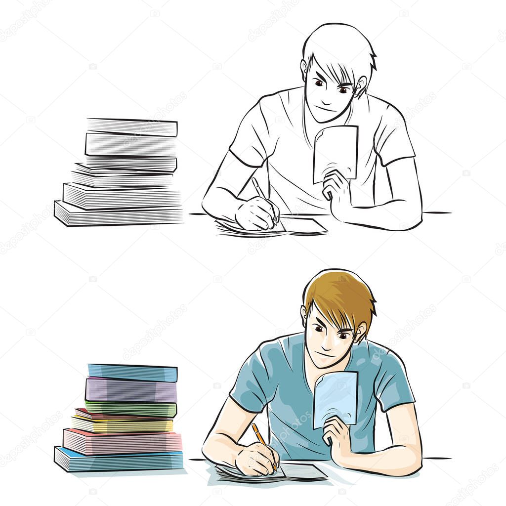 A young man was concentrating on a desk with a lot of information character design