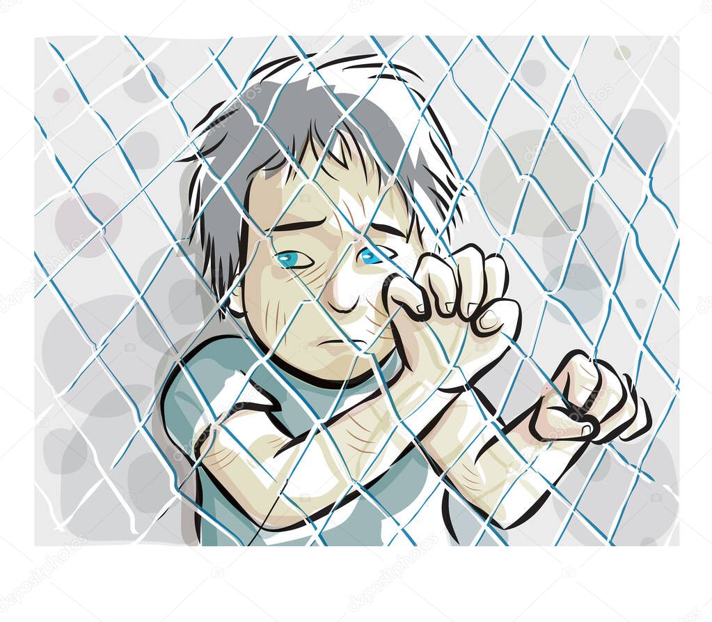 The little boy was standing and hold the cage with a face of a frightening expression character design