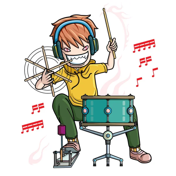 Drummer Play Snare Drum Professional Action Cartoon Character Design Vector — Stock Vector