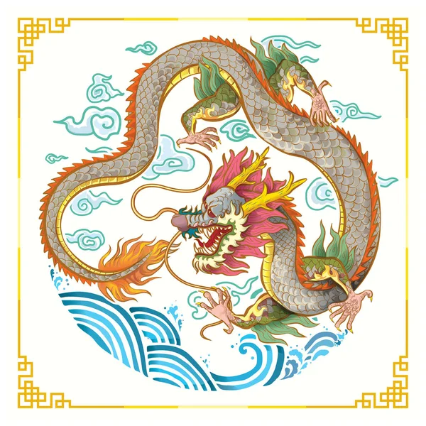 Chinesischer Drache Orientalischen Stil Mit Welle Und Wolke Goldrahmen Zur — Stockvektor