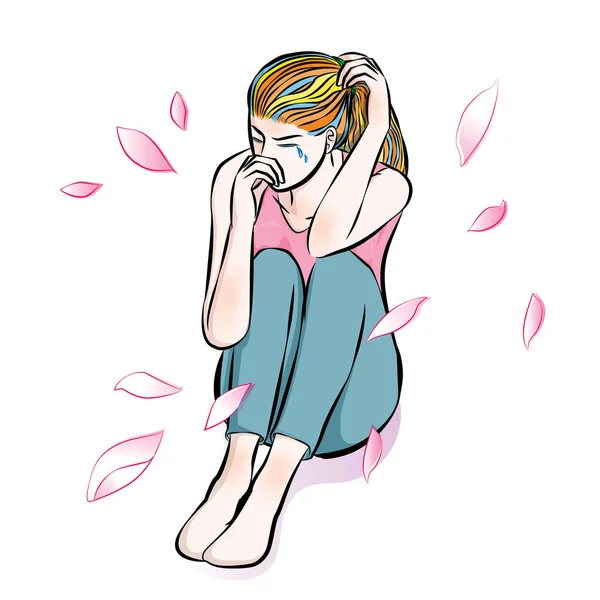 Triste Chica Sentada Mientras Llora Con Hoja Flor Humor Dibujos — Vector de stock