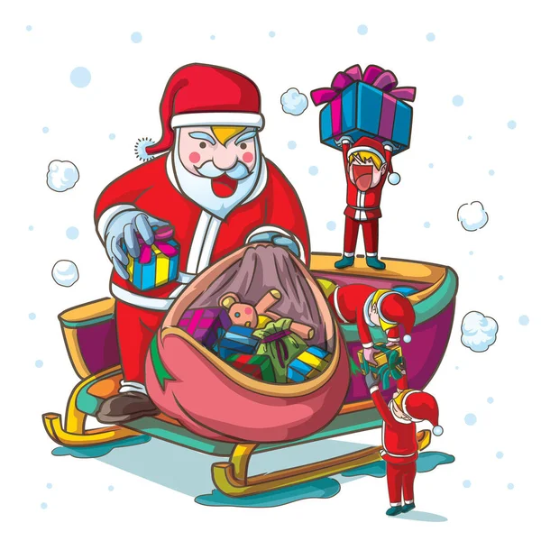 圣诞老人和他的团队准备礼物 送给孩子们卡通人物 — 图库矢量图片