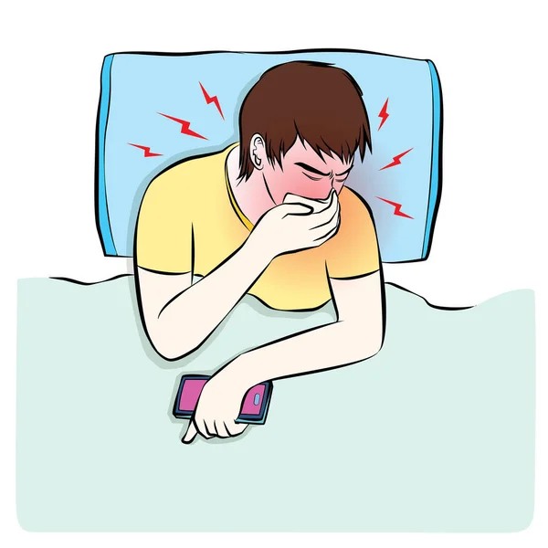 男人打喷嚏时感到疼痛 睡在床上 带有健康的卡通人物符号 — 图库矢量图片
