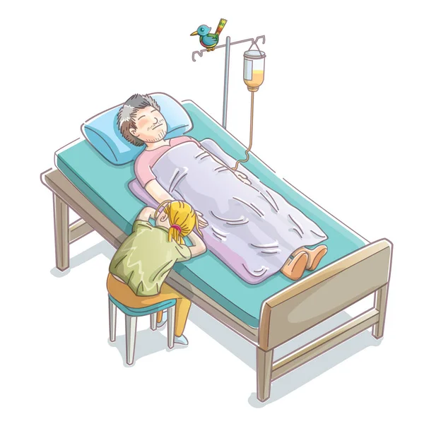 Girl Asleep Bedside Her Father Slept Patient Bed Giving Saline — Stock Vector