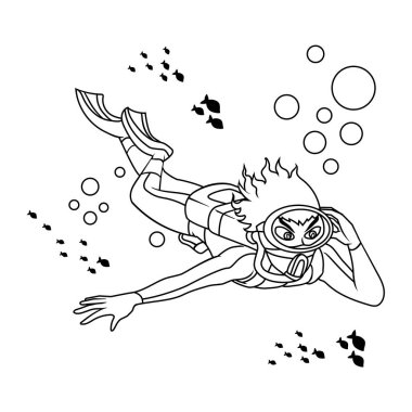 Genç adam güzel bir derin deniz baloncuğunun içine dalıyor ve arka plan çizgi film vektörünü avlıyor.