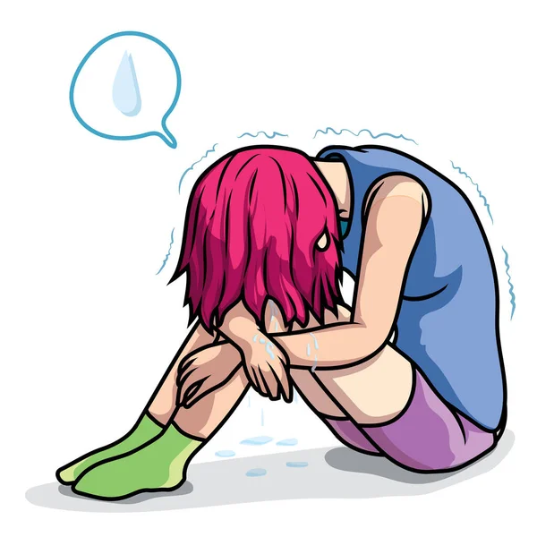 Triste Fille Était Assis Pleurer Dans Triste Humeur Dessin Animé — Image vectorielle