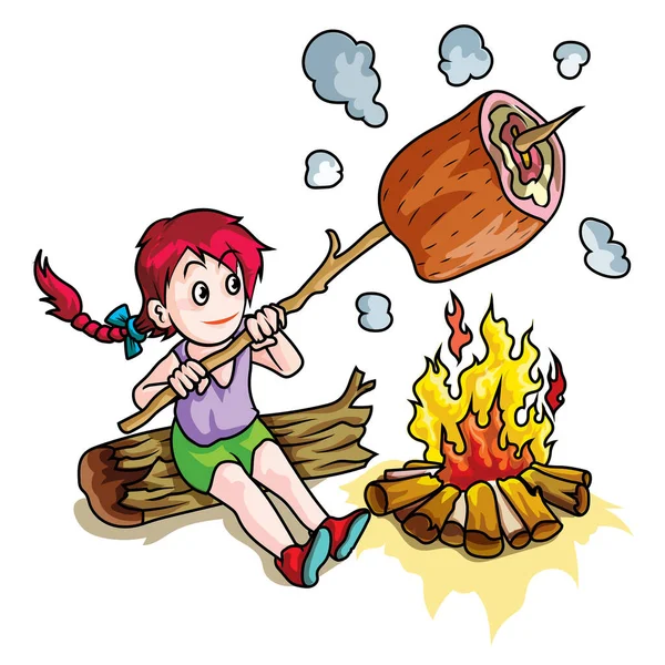 辫子姑娘坐在火上烤着一大块肉 上面有一个扭曲的卡通矢量 — 图库矢量图片