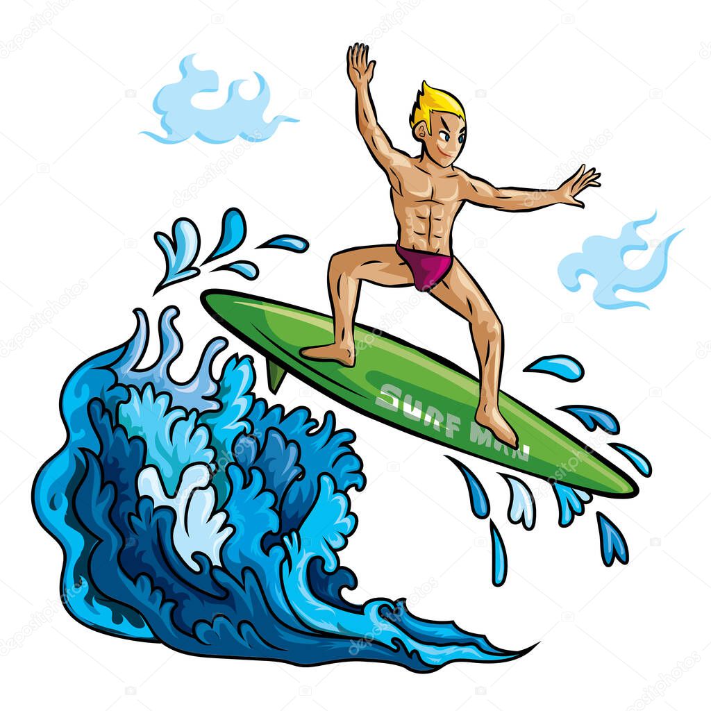 The young man stood on the surfboard and was enjoying surfing the waves in the sea with strong wind colorful
