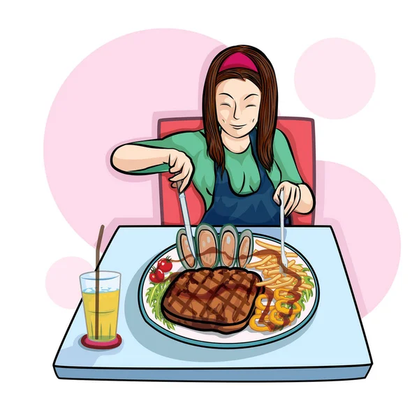 Bonita Mujer Comer Combo Conjunto Con Deliciosa Tala Vector Dibujos — Vector de stock