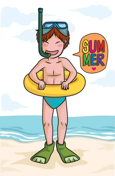 Boy Ready Swim Beach Cartoon Vector — Stock Vector