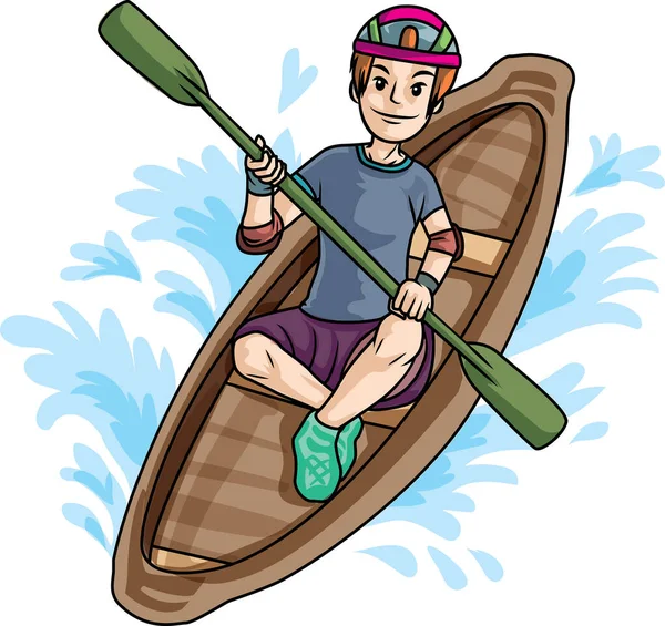 那个小男孩在船的卡通人物上穿着防护服划船 真滑稽 — 图库矢量图片