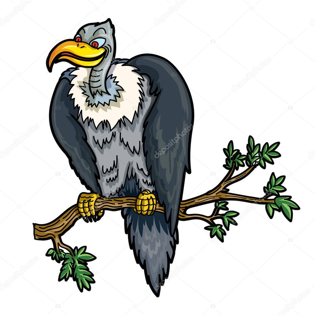 A vulture perched on the branch, carefully watching the prey cartoon vector