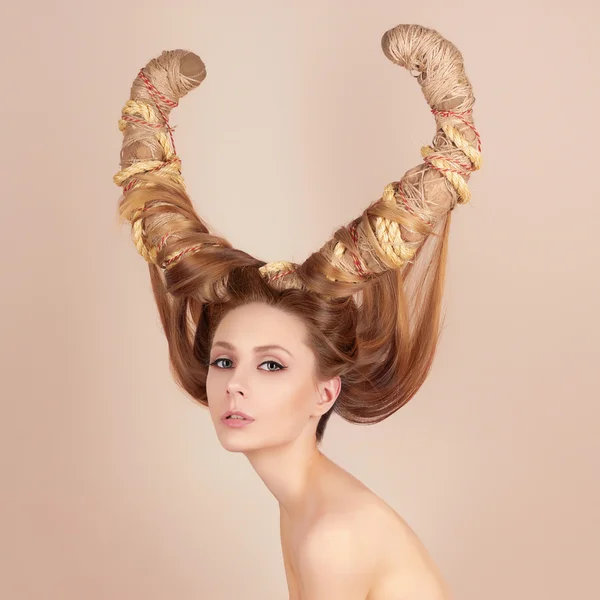 Sexy beautiful woman with horns — Stock Photo, Image