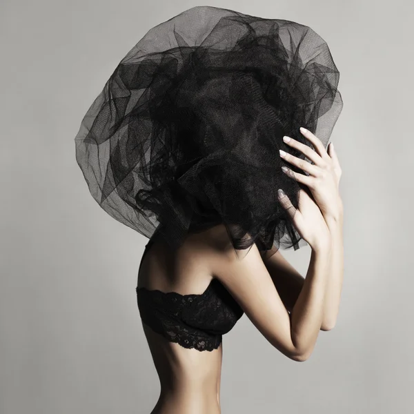 Nude woman under the black veil — Stock Photo, Image