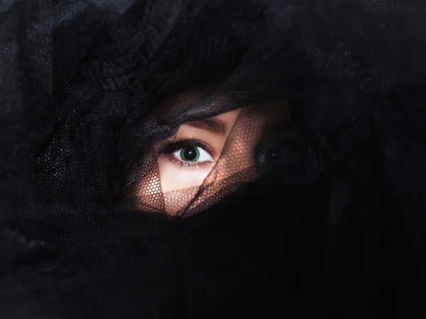 Beautiful woman eye under the black veil — Stock Photo, Image