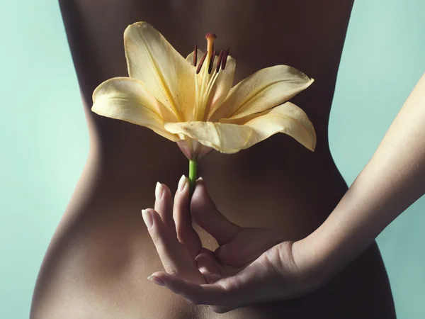 Menina nua segurando uma flor — Fotografia de Stock