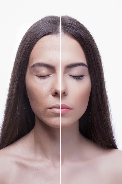 Женщина до и после макияжа — стоковое фото