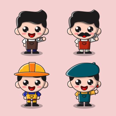 Ressamların, madencilerin, baristaların ve berberlerin profesyonel çizgi filmleri. Web iniş sayfası, afiş, broşür, çıkartma, kart, çocuk kitapları vs. için uygun düz çizgi film biçimi.