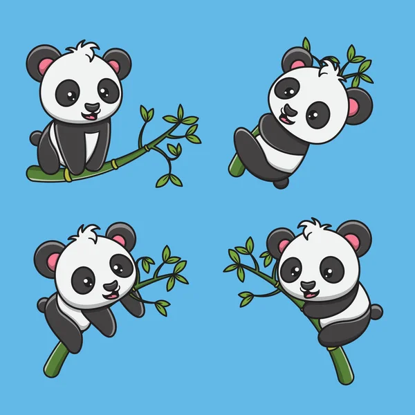 Cute Panda Kreskówki Wiszące Bambus Płaski Styl Kreskówki Nadaje Się — Wektor stockowy