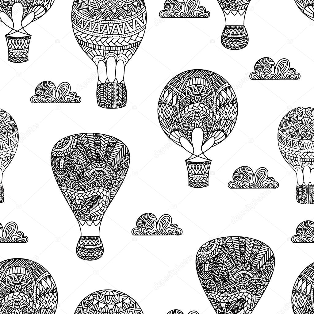 Hot air balloon, gas balloons, aircraft. Seamless black and whit