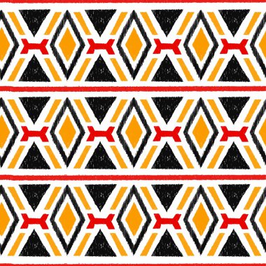 Ikat damasko seamless modeli. Siyah, kırmızı, sarı öğeleri bir w üzerinde