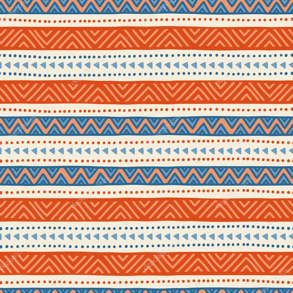 Simple striped seamless ethnic pattern. Blue, white and orange colors.